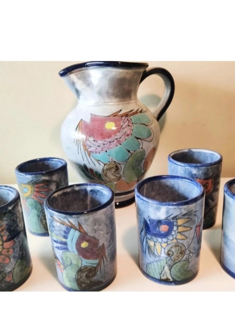Portugal Pottery Pitcher w/Matching  Cups Set of Six Hand Made and Signed